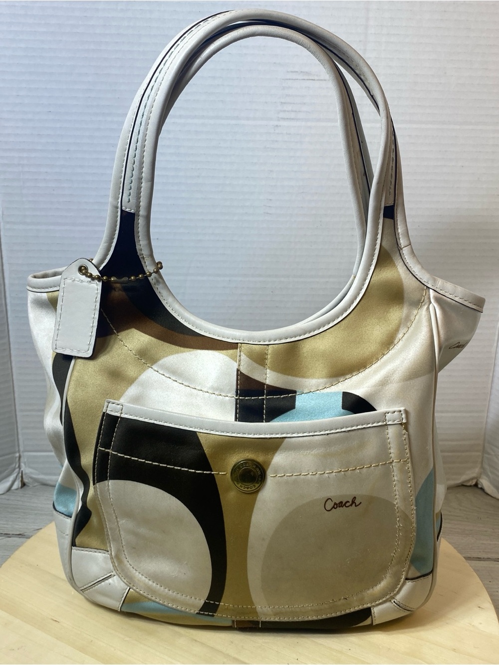 Vtg Coach Ergo Scarf Print Tote Hobo Bag Multicolor Satin White Leather 19783 y2